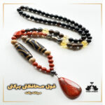 جاسپر قرمز ، جاسپر خاکی ، حدید(هماتیت) ، عقیق تبتی ، برنزیت ، سیترین ، عقیق سیاه ، تورمالین سیاه با آویز جاسپر قرمز به همراه کلیپس تقره